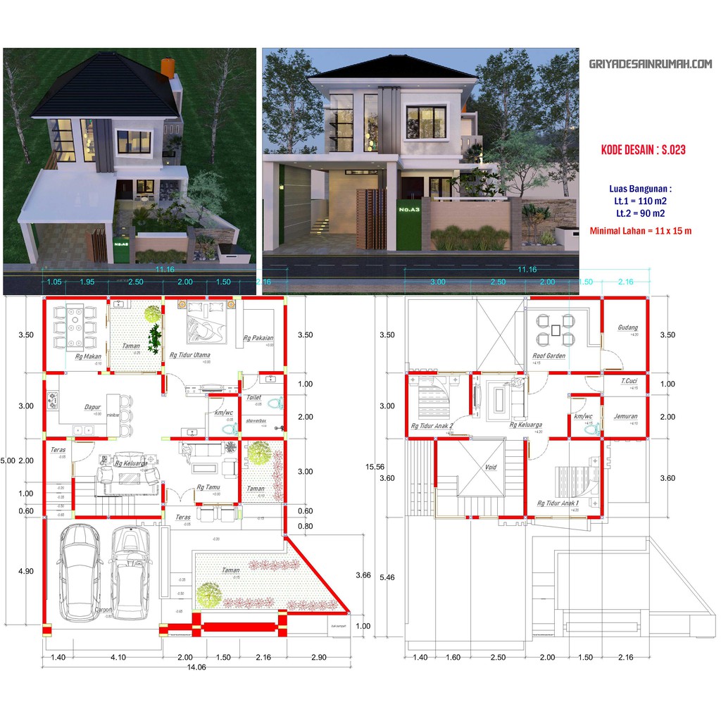 Jual Desain Rumah Mewah 2 Lantai 3 Kamar Tidur Ukuran 11x15 Meter | Shopee Indonesia - Denah Rumah 2 Lantai 3 Kamar Tidur