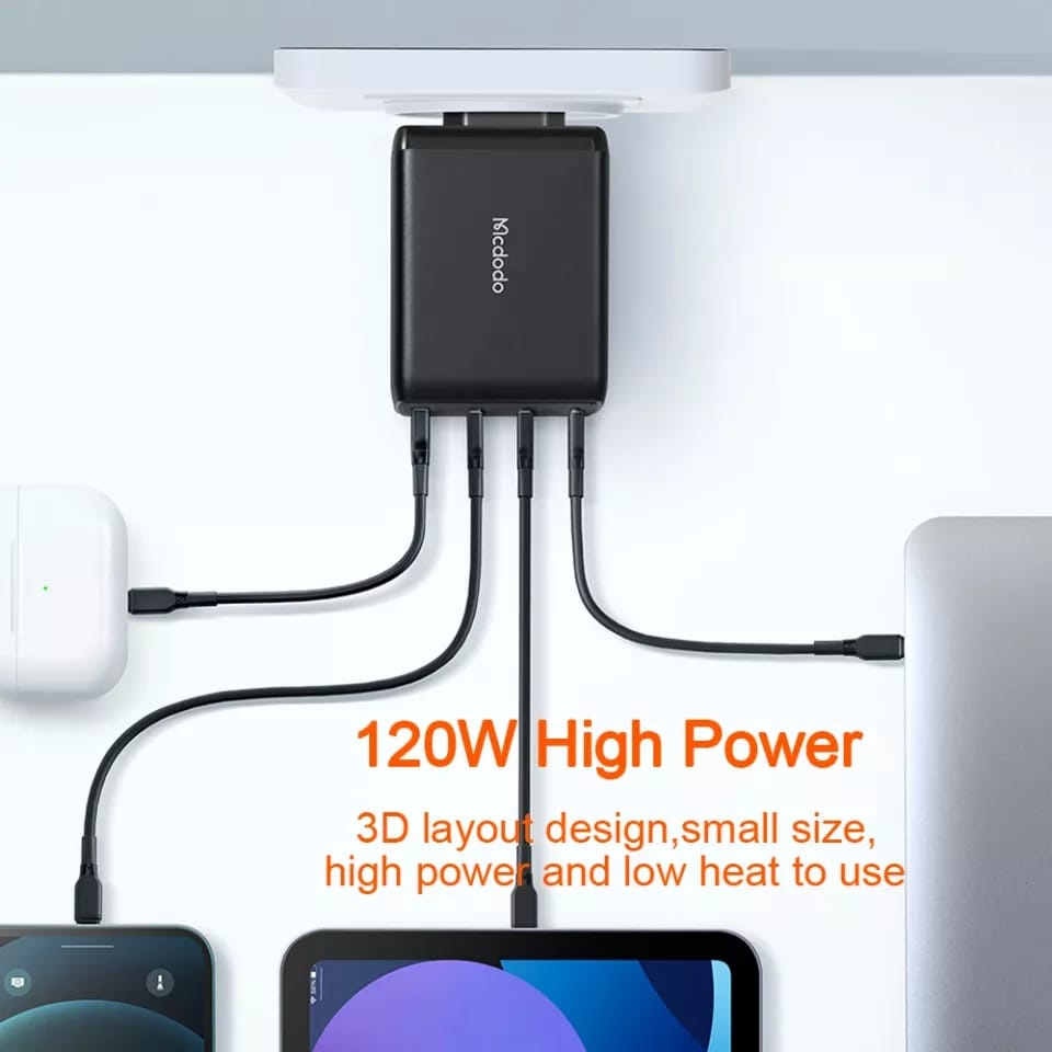 Mcdodo Adaptor GaN 120W Charger Laptop MacBook 4 Port PD Fast Charger 3 Port USB type C &amp; single USB A Port