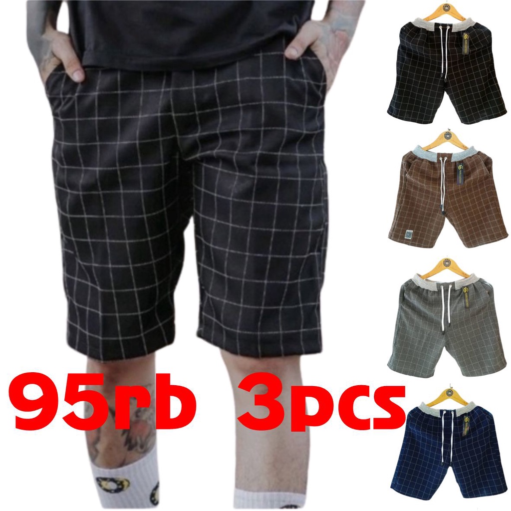 PAKET 3 PCS CELANA TARTAN PENDEK PRIA RIB KARET