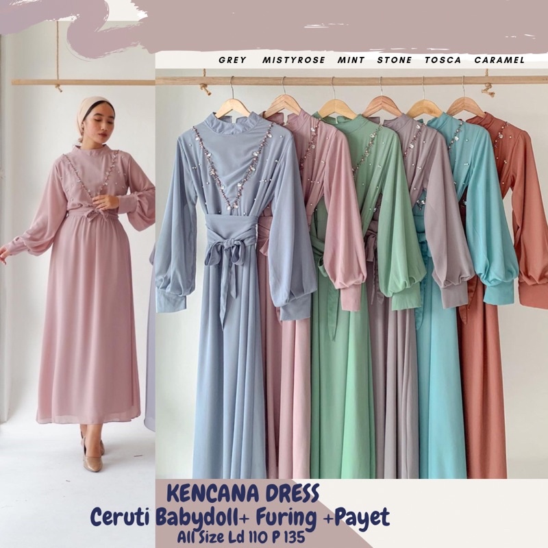 Kencana Dress Jumbo/Dress Full Furing Ld 110/Dress Remaja/Dress Lebaran/Dress Kondangan