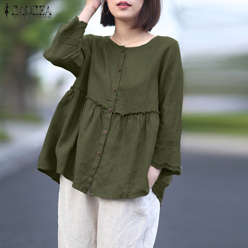 ZANZEA Women Flare Sleeve Cotton Linen Button Down Casual Loose Blouse