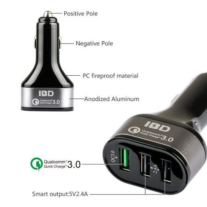 Charger Mobil Super Cepat Ibd Charger Mobil Quickcharge 3.0 3 Port Usb