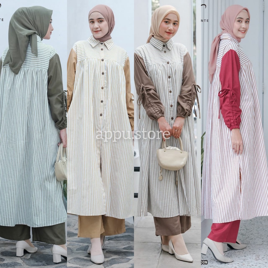 Vente Daily Hilga One Set Wanita Kekinian Jumbo Linen Combi Cotton Salur Premium Motif Garis Garis S