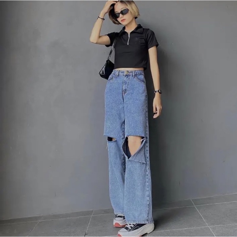 Sevins - Highwaist jeans kulot snow acid yuji/ Celana panjang kulot wanita