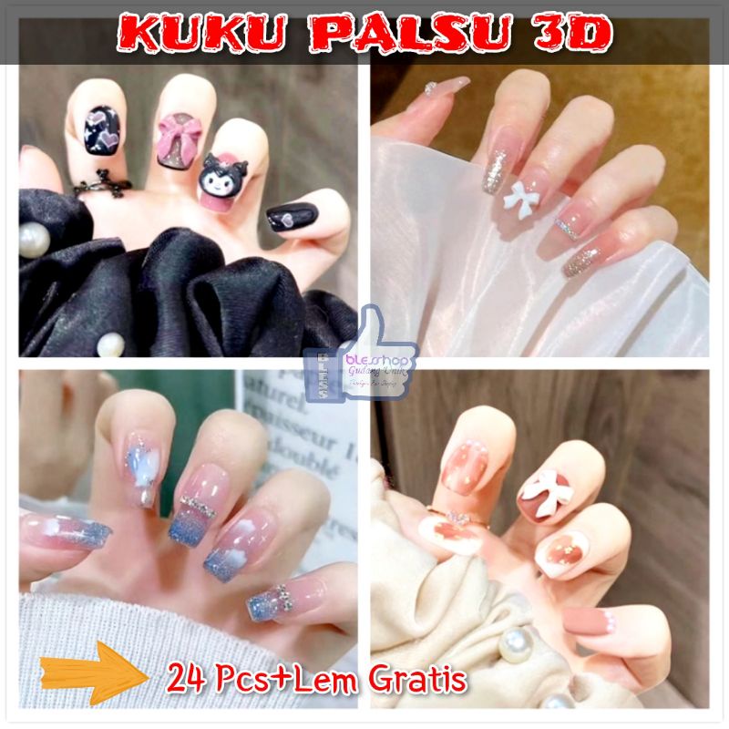 Kuku Palsu Panjang Pendek Wedding Fake Nail Art 3D Free Lem Kuku