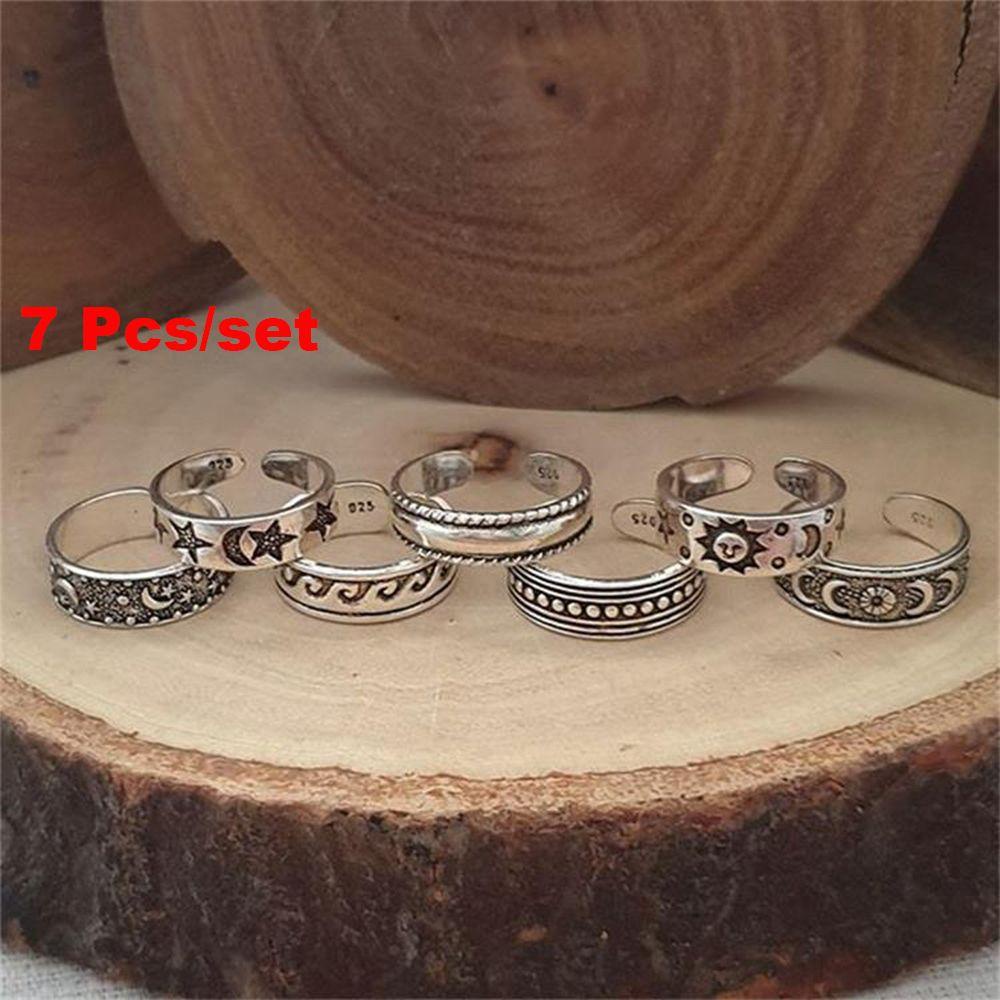 Preva 7pcs/Set Cincin Kaki Set Perhiasan Perak Bulan Gelombang Matahari Bohemia