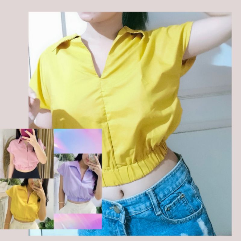 BAJU WANITA BLOUSE CROP FULL KARET DI PINGGANG, BAHAN TWISCONE
