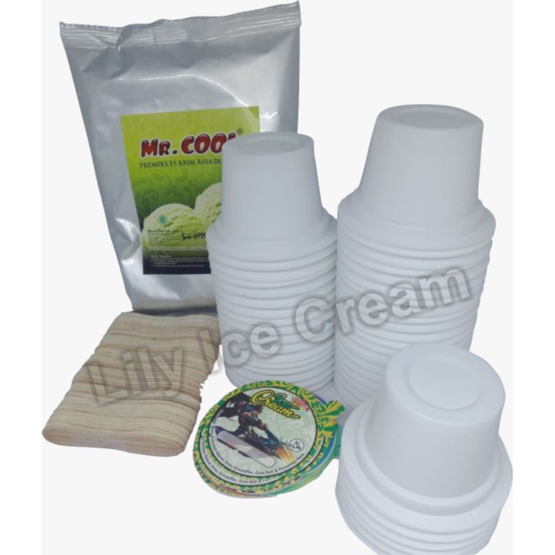 

PAKET USAHA ICE CREAM ES CREAM BUBUK 250 GRAM ICE CREAM / ES KRIM CUP PLASTIK 50 ml PUTIH SUSU