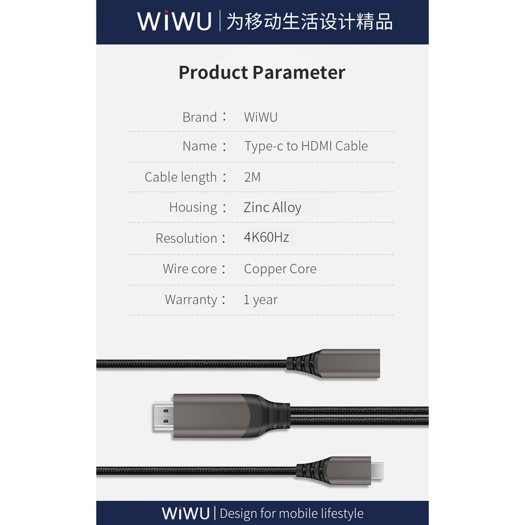 WIWU X10 - Type-C to 4K HDMI Cable - NS Switch Compatible - 200cm