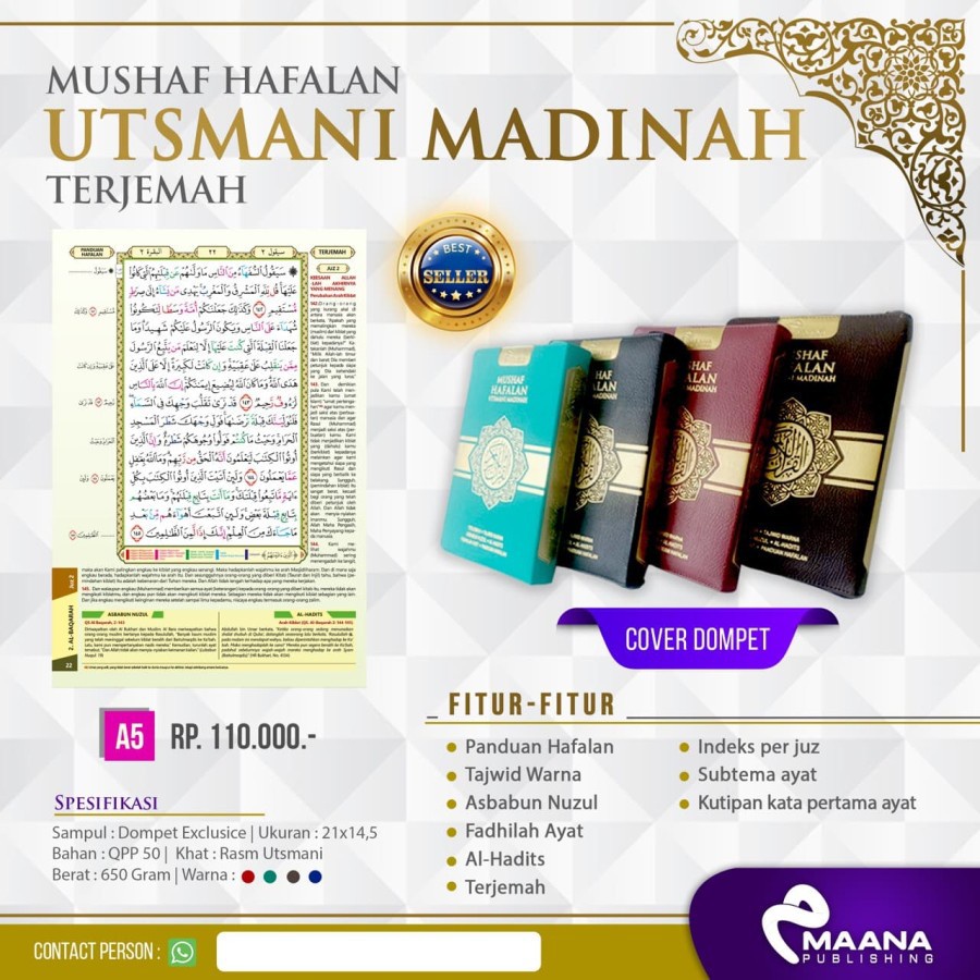 Al-Quran Hafalan Utsmani Madinah A5 Resleting | Mushaf Terjemah dan Tajwid Warna - Maana Publishing