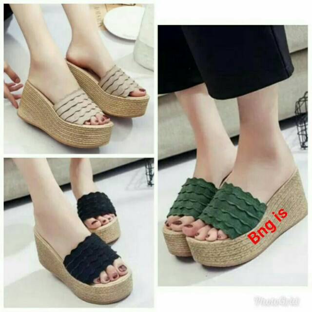 Wedges sandal tinggi wanita lucu sendal hak flower bunga santai pesta model emory import branded