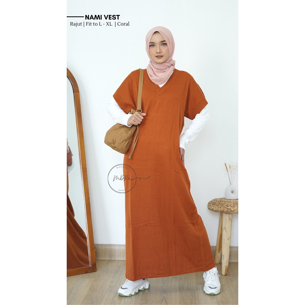 Nami Vest Rajut - Dress Rompi Knit  - Baju Long Outer fit to xl Tanpa lengan - outfit Remaja muslim terbaru- Ootd Kekinian