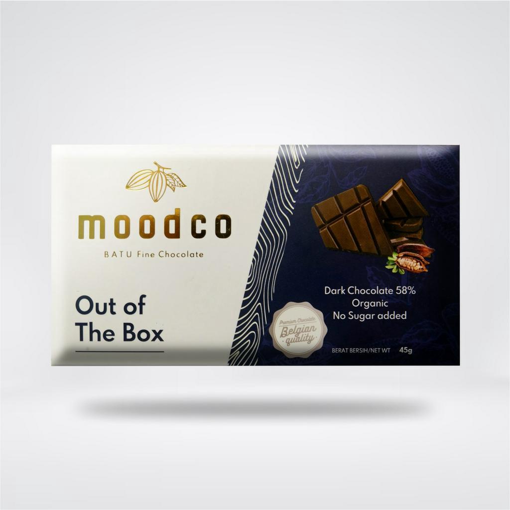 

Moodco | Out of The Box Dark Chocolate 58% | Cokelat Diet/ Vegan/ Keto | No Sugar | Fine Chocolate | Cokelat Sehat