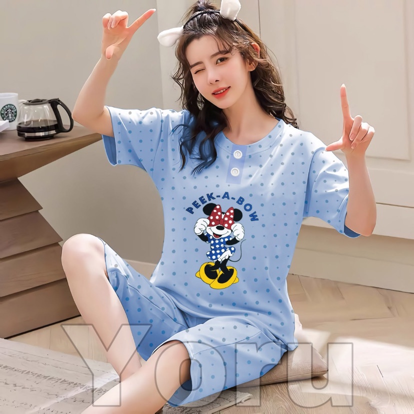 Pamelo Piyama 3/4 Baby Doll Murah Suplier Sleep Wear All Size Baju Tidur Wanita kaos Katun Stelan Stage2 Baju Tidur Murah Produk Terlaris-3/4 Mini peeBo Biru