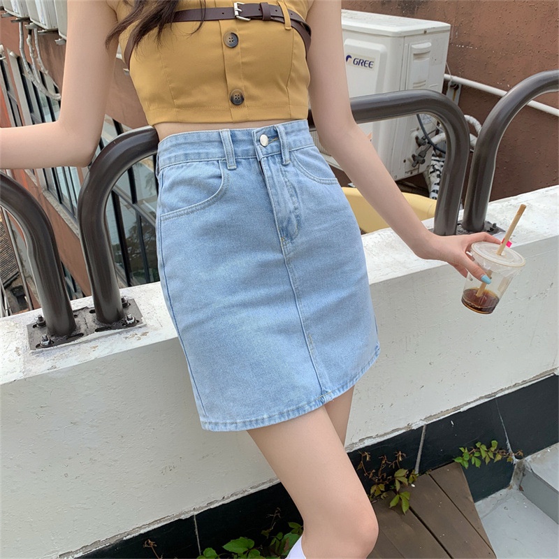 Skirt Denim Rok Pendek High Waist Wanita Motif Bunga Bordir Desain Pinggang Tinggi A-Line Rok