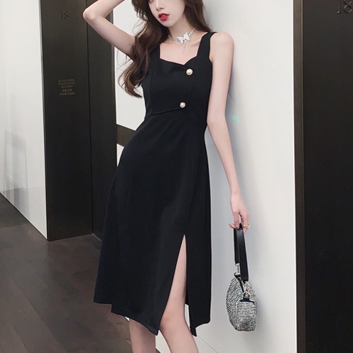 【SALE】Korean Midi Dress Botton A-Line Short Sleeve Dress Wanita Bahu Terbuka 1320 (S-XL)