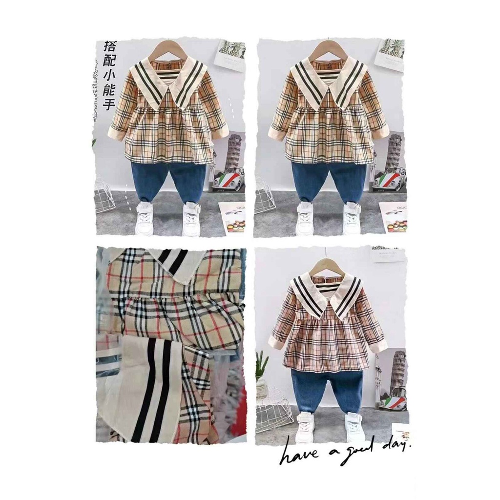 Setelan Jeans Burberry 0M-3Y Setelan Kemeja Kotak Kotak Celana Jeans Setelan Fashion Anak Perempuan Import High Quality CBKS