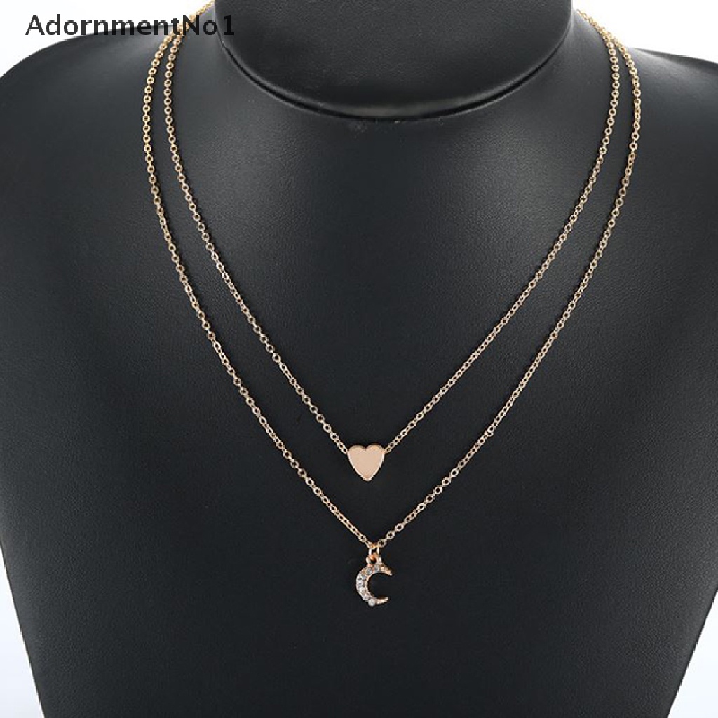 (AdornmentNo1) Kalung Choker Rantai Banyak Lapis Dengan Liontin Hati + Bulan Sabit Untuk Wanita