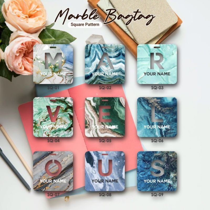 

BAG TAG / BAGTAG INITIAL MOTIF MARMER SQUARE PETAK - HEXAGON SEGI 6 - BULAT LINGKARAN CIRCLE