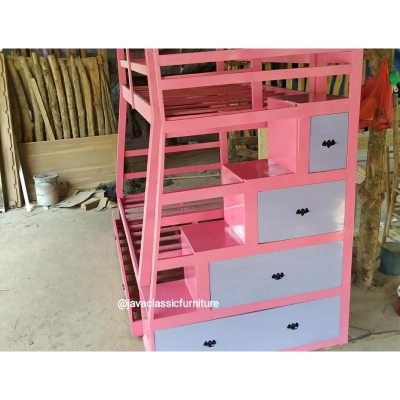 DIPAN TEMPAT TIDUR RANJANG SUSUN TINGKAT ANAK DUCO PUTIH PINK MINIMALIS LACI 3 BED MURAH BAHAN KAYU FURNITURE JEPARA KUALITAS EXPORT-5