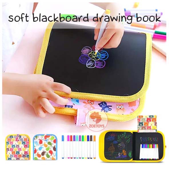 Zoetoys Soft Blackboard Drawing Book 12 pen | Buku Papan Tulis Anak Bisa Dihapus | Erasable Book
