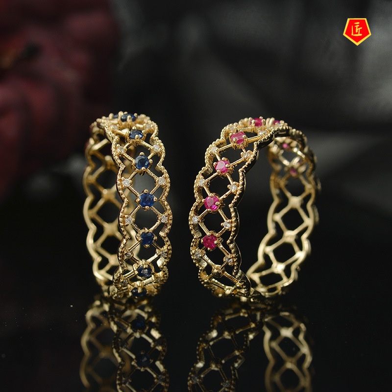 [Ready Stock]Retro Simple Lace Inlaid Colored Gems Ring