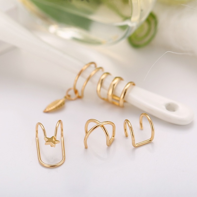 5Pcs/Set  Fashion Gold Color Ear Cuffs / Women Leaf Clip Earrings / No Piercing Fake Cartilage Earring / Punk Rock Ear Earrings