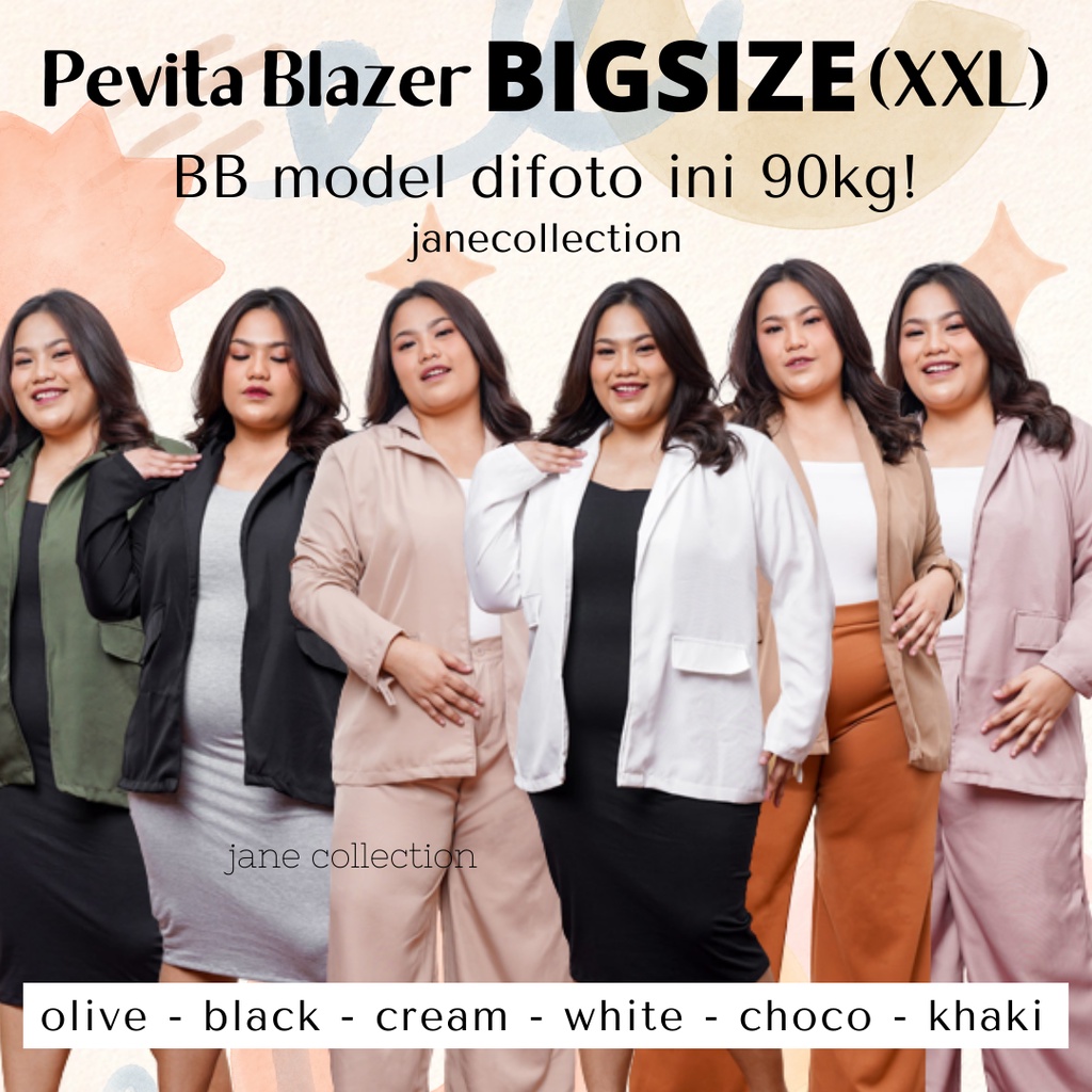 JANE COLLECTION || Blazer Formal Kerja Wanita Fashion Atasan Korea Jumbo - Pevita Blazer BIGSIZE M L XL XXL Hitam Putih Olive Khaki Cream Choco