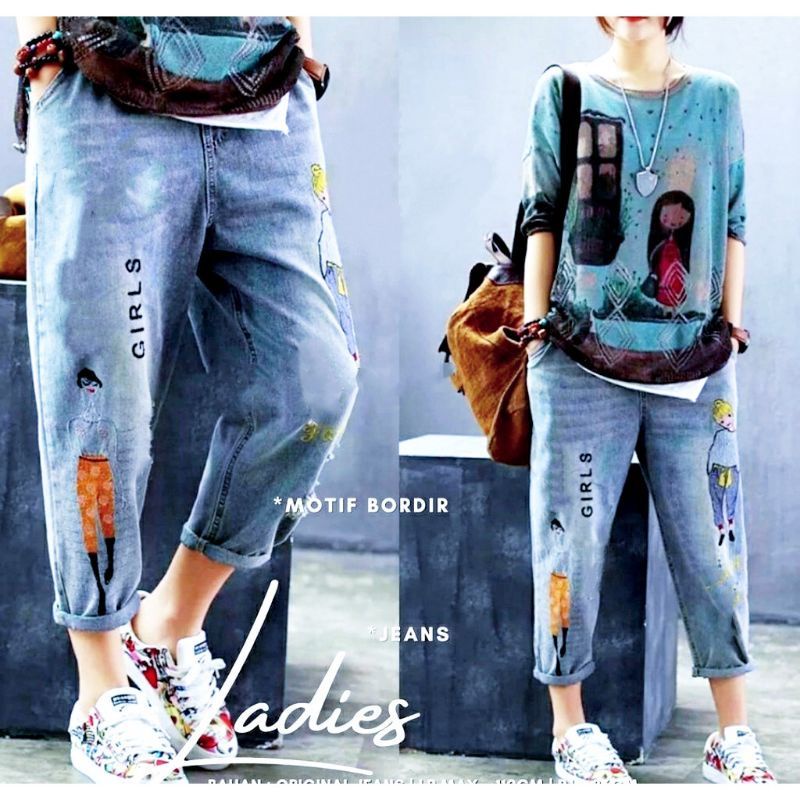 Baggy jeans bordir/Jeans wanita premium/baggy jeans karet muter/jeans all size