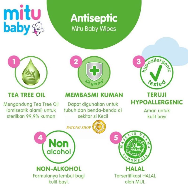 Beli 1 gratis 1 Mitu Baby tisu basah Wipes Antiseptic 50s + 50s