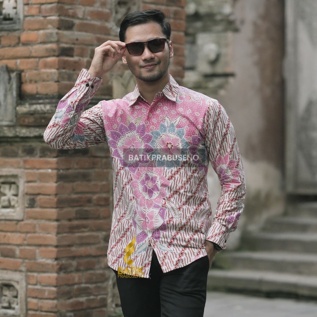 Kemeja Batik Pria Lengan Panjang Slim Fit Motif Deviana Pink Original Prabuseno Katun Printing Full 