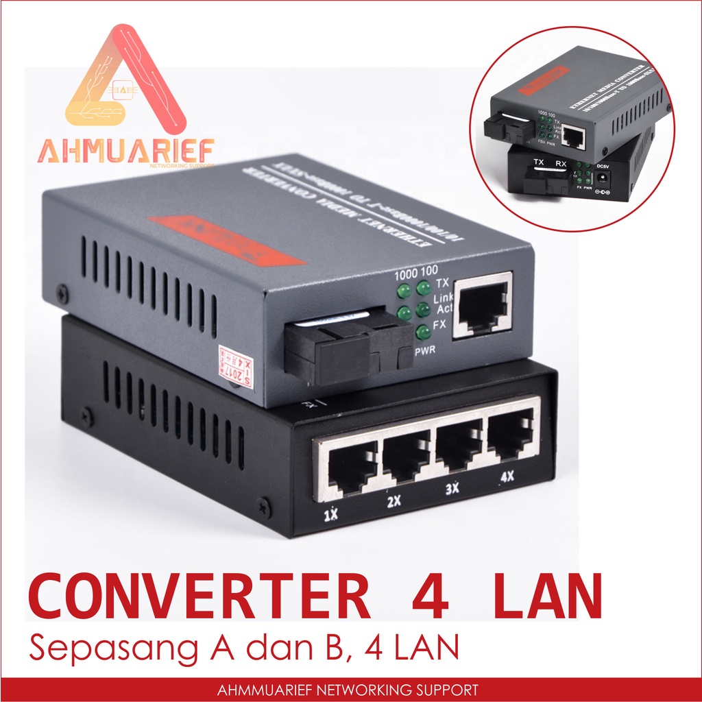 Sepasang A dan B Media Converter HTB 3100 Side A 1 Port FO 1 Port LAN Side B 1 Port FO 4 Port LAN RJ45 1 SC 4 PE