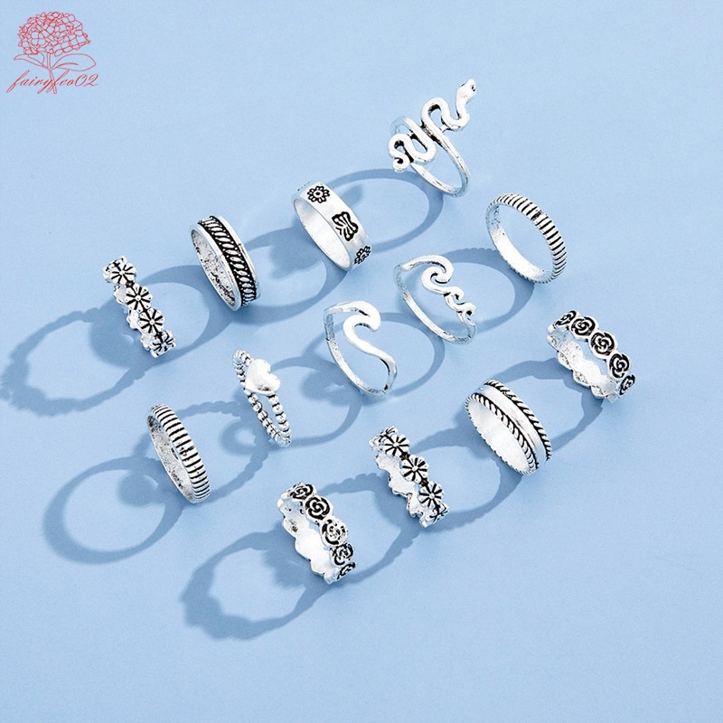 13pcs / set Cincin silver Bentuk Ular / Bunga / Gelombang Gaya Vintage Untuk Wanita