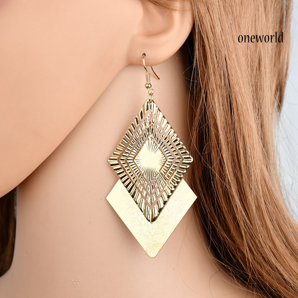 OW@ Fashion Matte Hollow Double Layer Jewelry Rhombus Long Dangle Hook Earrings