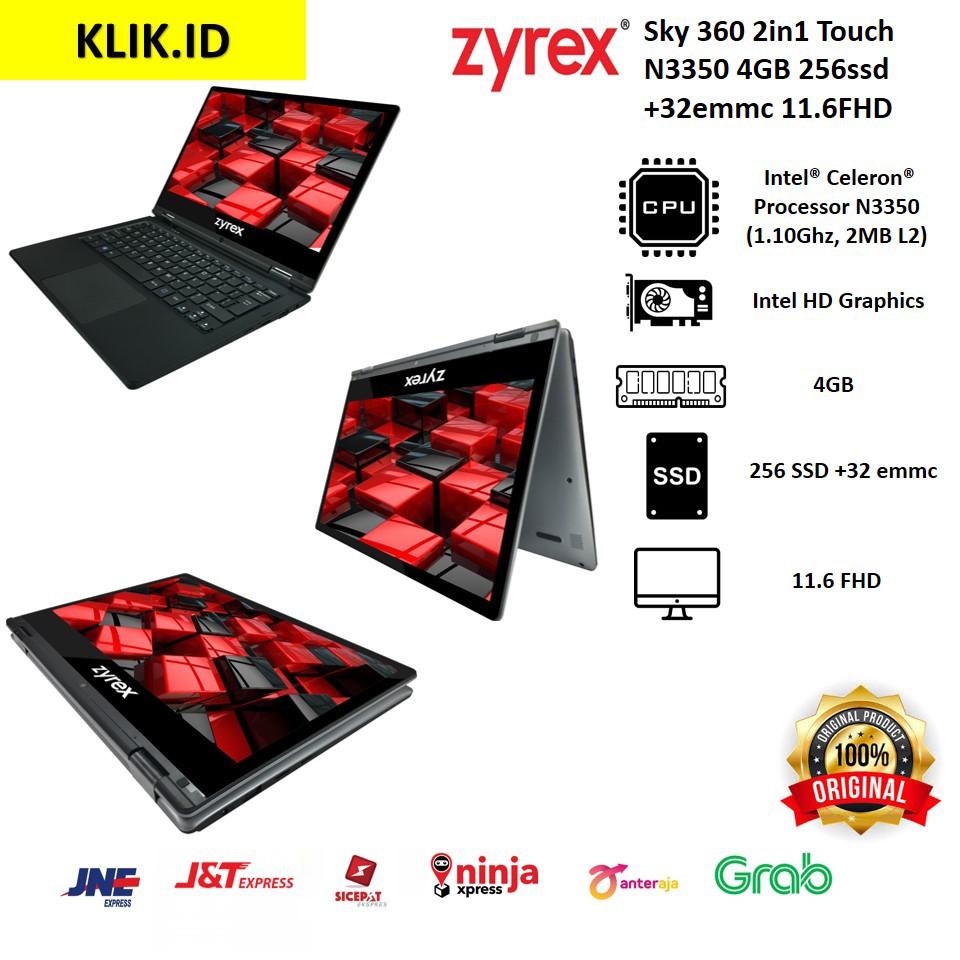 ZYREX Sky 360 2in1 Touch N3350 4GB 256ssd+32emmc 11.6FHD W10 BT BLACK (Garansi Dragon)