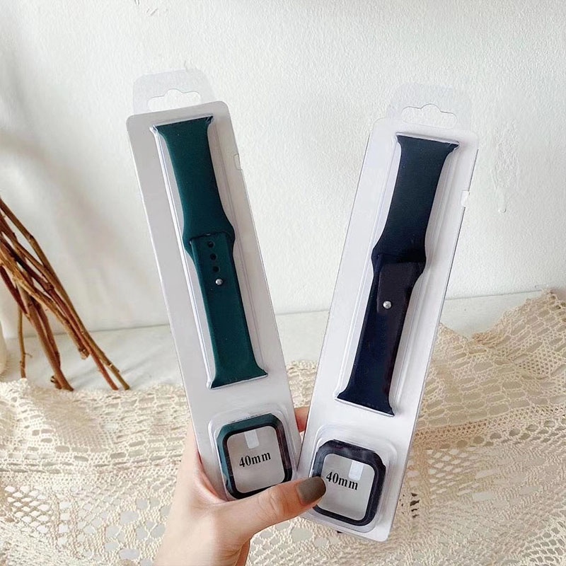 2PCS/ SET Tali Strap Sport Band  40mm 44mm +Kotak kaca yang dikeraskan untuk Apple Watch  iwatch Series 4 5 6 SE  Sillicone TOTALL