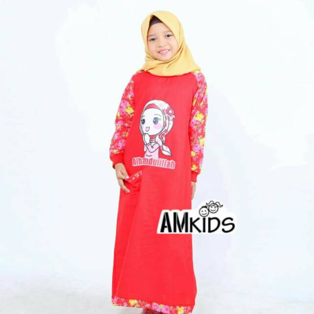 BAJU GAMIS MUSLIM ANAK PEREMPUAN MERAH BAHAN KATUN RAMI MOTIF BUNGA