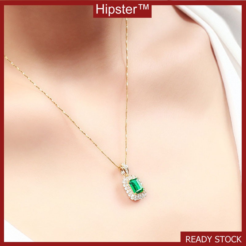 Hot Sale Luxury Square Full Diamond Natural Green Crystal Pendant Necklace