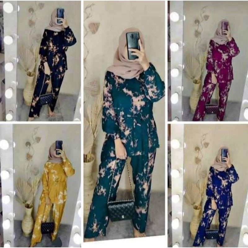 One Set Rayon Tie Dye Gelap Tali Serut Setelan Tie Dye One Set Rayon Super Lengan Panjang