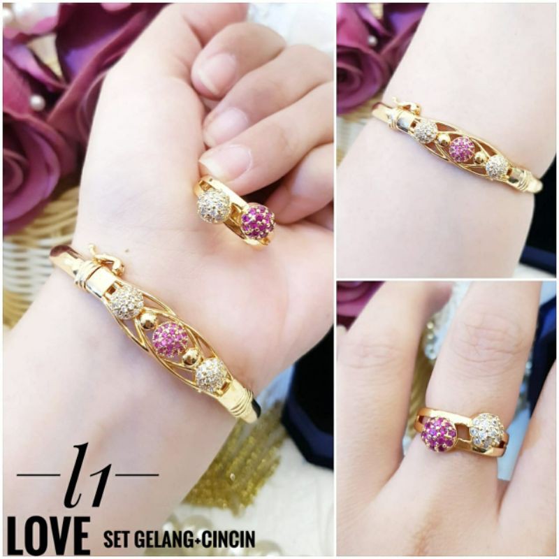 (MAR) PROMO Set Perhiasan Lapis Emas Xuping Gelang Cincin Permata Ungu Pink Gold Mewah Titanium