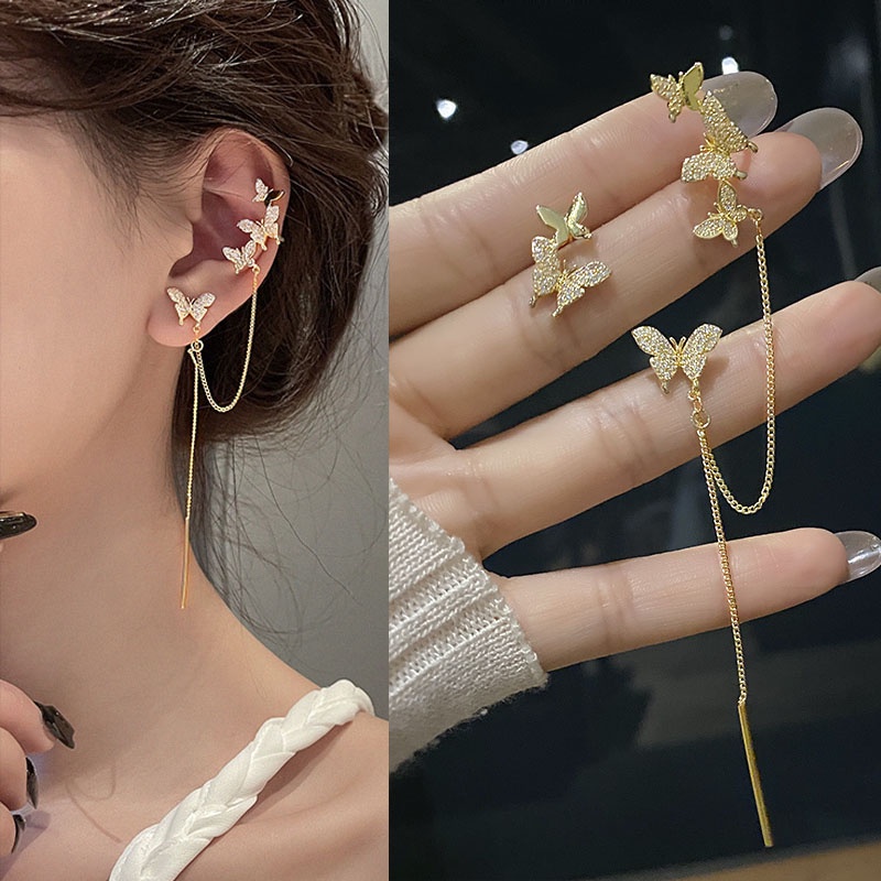 Anting Klip Tulang Telinga 925 Silver Needle Model Kupu-Kupu Rumbai Asimetris Gaya Korea Untuk Wanita