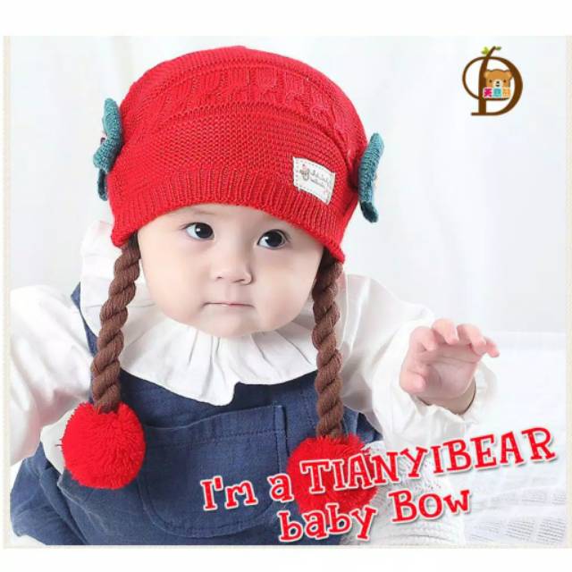 LKm027 TOPI RAJUT KEPANG DUA POMPOM / KUPLUK BAYI KEPANG-8