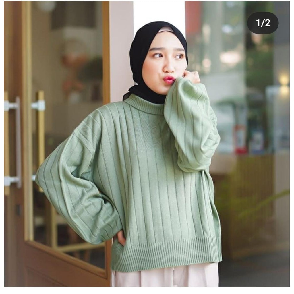 COD Delona Crop Turtle - Sweater Turtleneck Lengan Balon - Atasan Rajut Wanita Premium Terbaru 2021