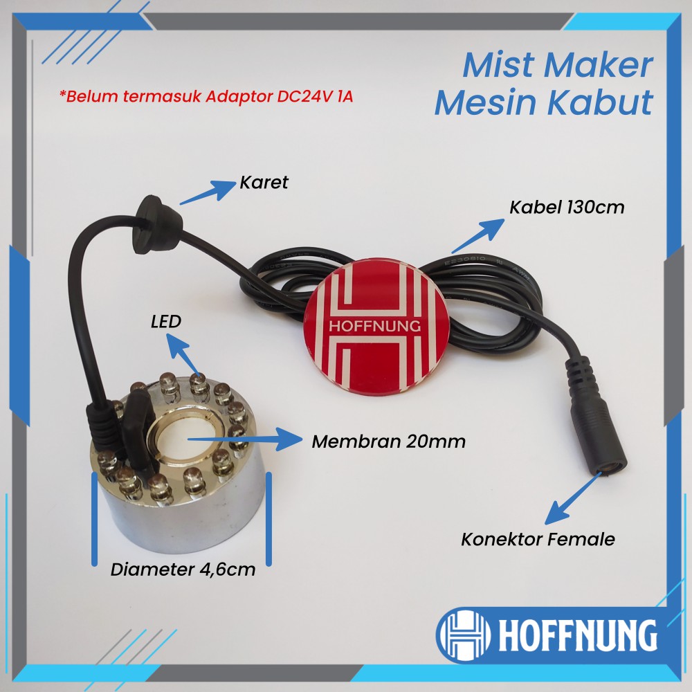 Mist Maker LED Stenlis 20mm + Adaptor 24V 1A Mesin Kabut Cahaya Lampu [C]