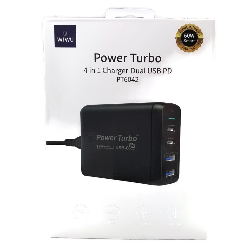 WIWU POWER TURBO PT6042 - 2 Ports PD and 2 Ports USB Charger - 75W MAX - Charger 75W Output MAX