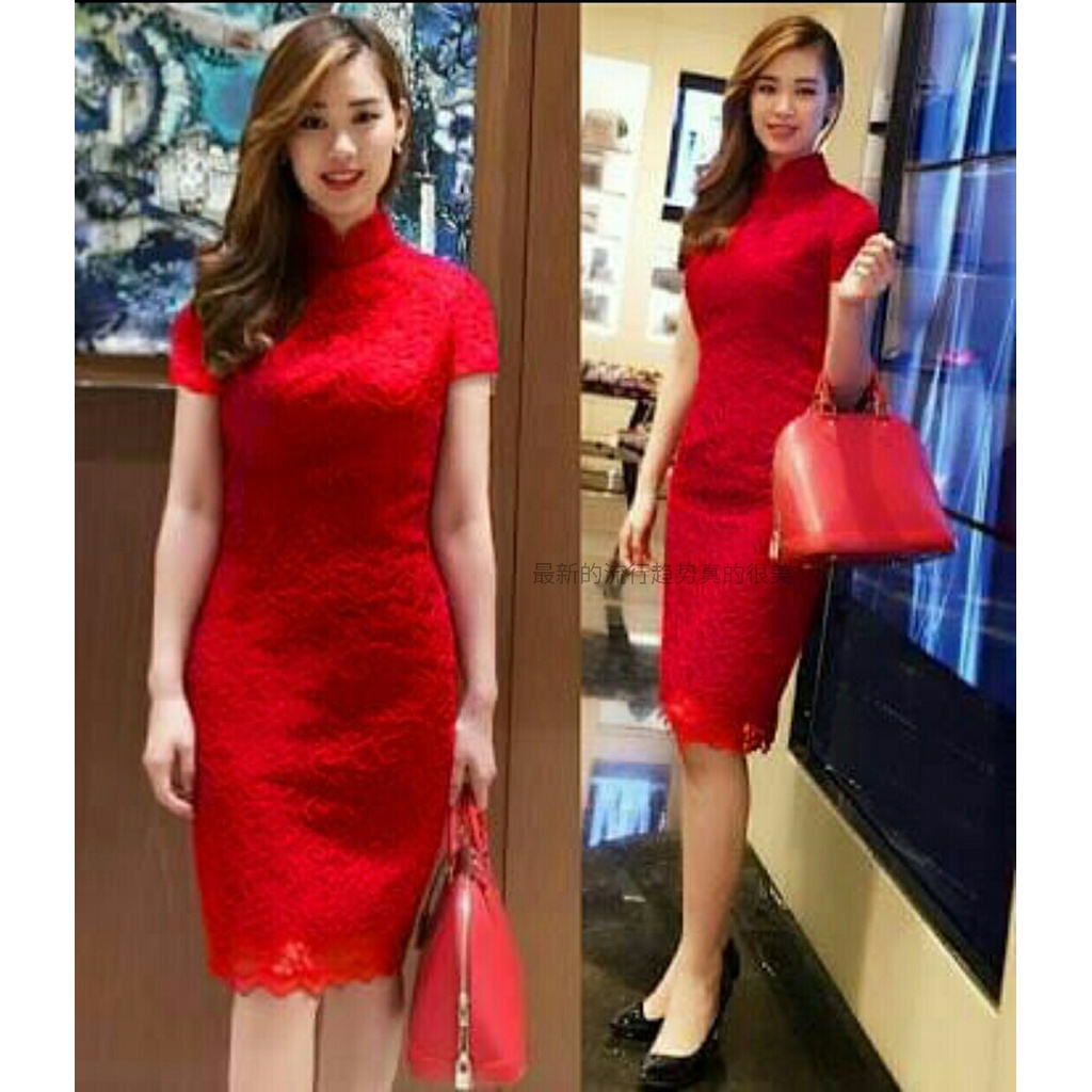 Baju Dress Brokat Casual RED Korea Korean Style Kondangan Party Pendek Mini Dress Wanita