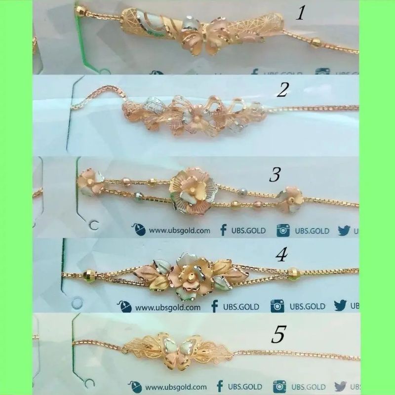 Gelang rantai serut variasi pita, kupu dan bunga 3 warna UBS kadar 8K 375 9K 420