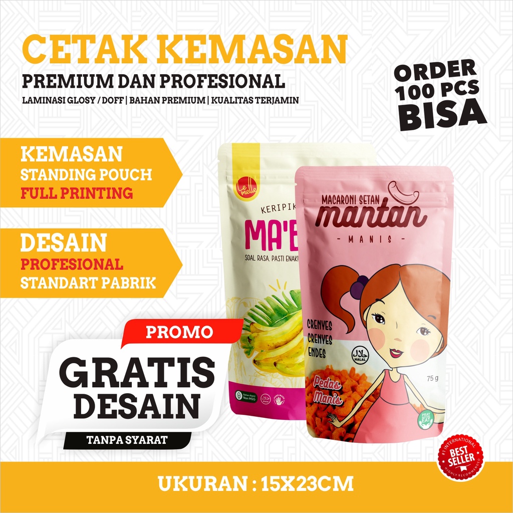 UKURAN 15X23 - PER PCS CETAK KEMASAN STANDING POUCH FULL PRINT CUSTOM DESAIN FREE