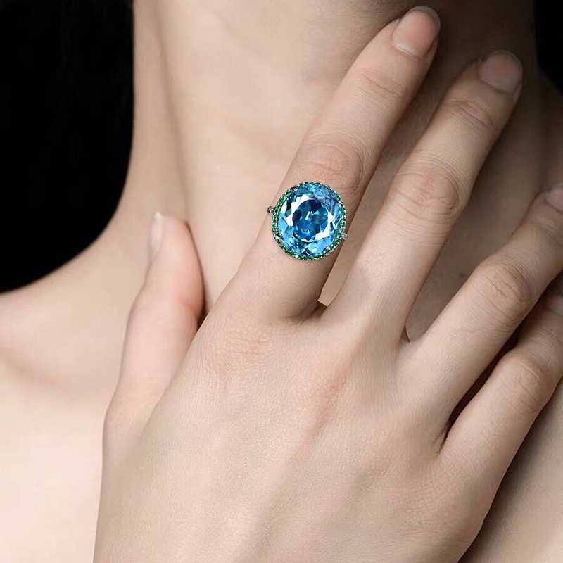 Cincin Silver 925 Bentuk Telur Hias Berlian Zirkon Topaz Biru Laut Hijau Untuk Wanita