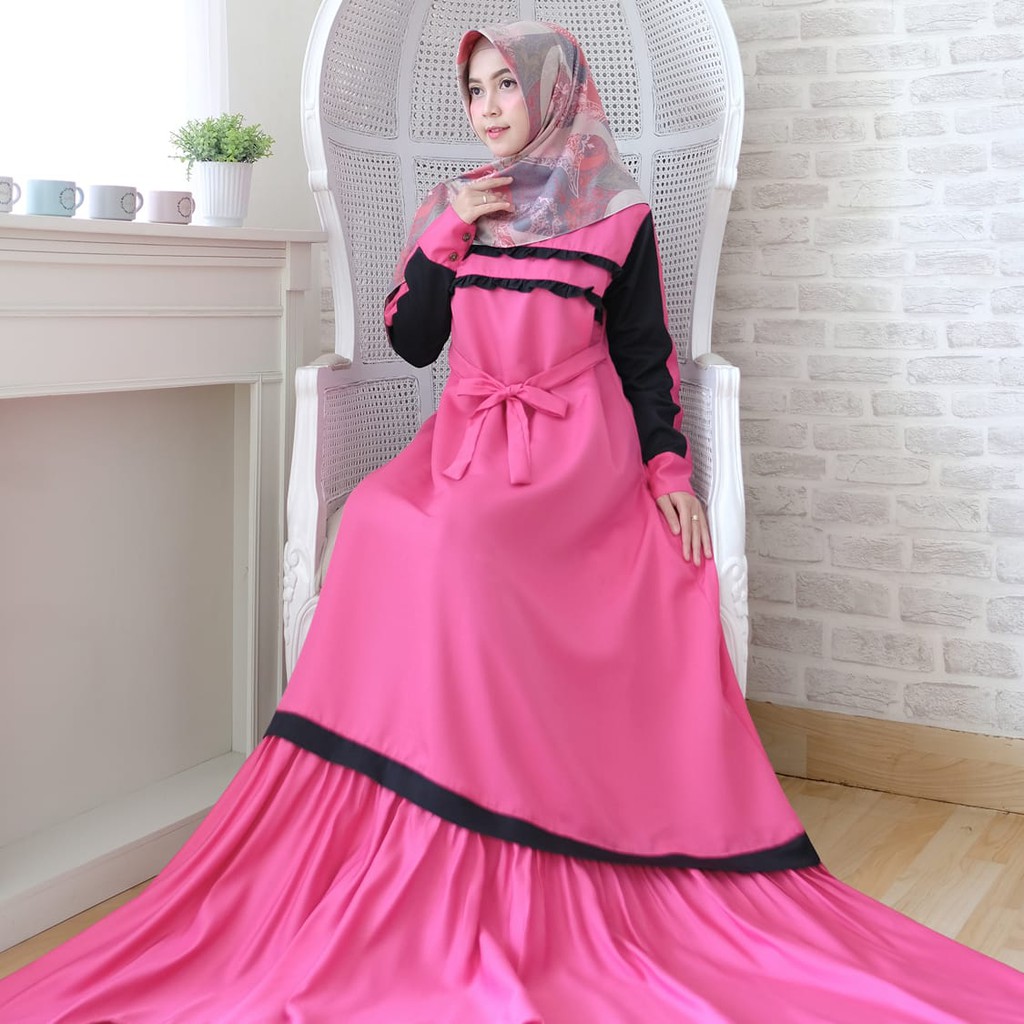 LONG DRESS MAXI FASHION MUSLIM WANITA STYLE CASUAL WARNA PINK FANTA BAHAN BALOTELI GOOD QUALITY ORI